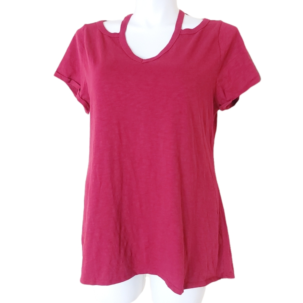 Soft Surroundings Plus Size 1X Shoulder Cut-Out Cotton Short Sleeve T-shirt Top